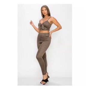 2 Piece Set Embossed Snake Print Crop Top & Leggings, Tie Front & High Waist